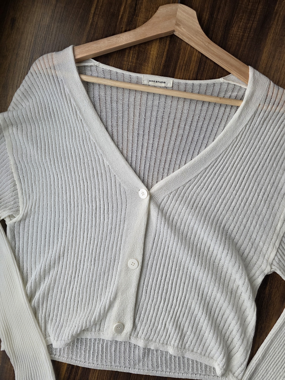 Max Studio Cream V-Neck Ribbed Button-Front Sweater - Picture 10 of 11